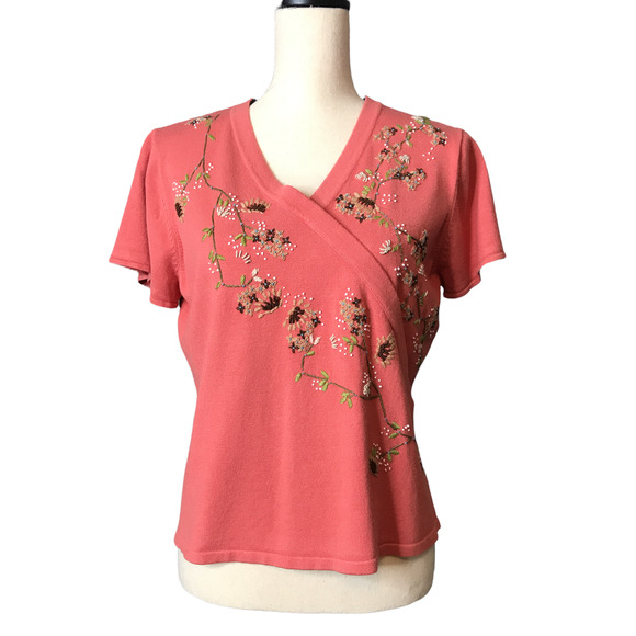 Parisian Signature Orange Faux Wrap Sweater with Embroidered Flowers, Size PXL - Picture 1 of 5